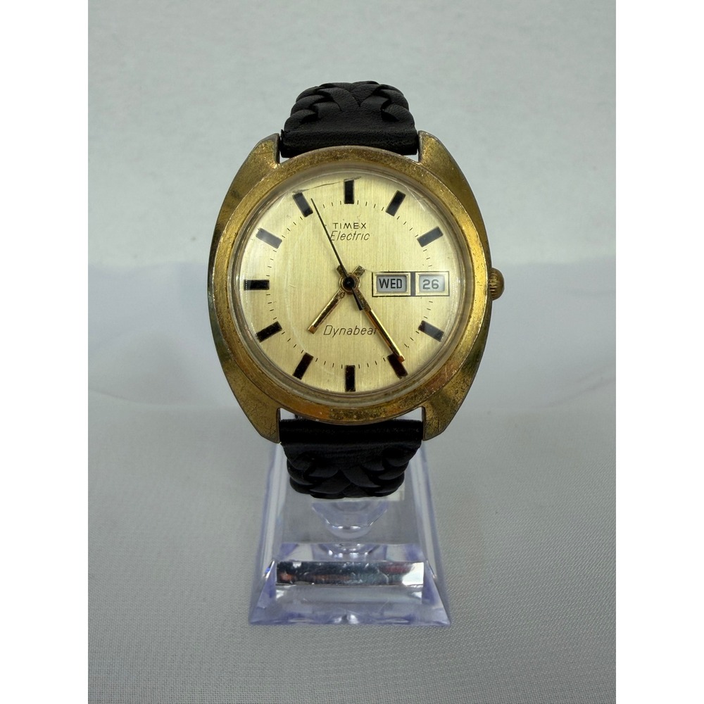 Vintage Timex Electric Dynabeat Gold Tone Day Date Watch Black Braided Leather